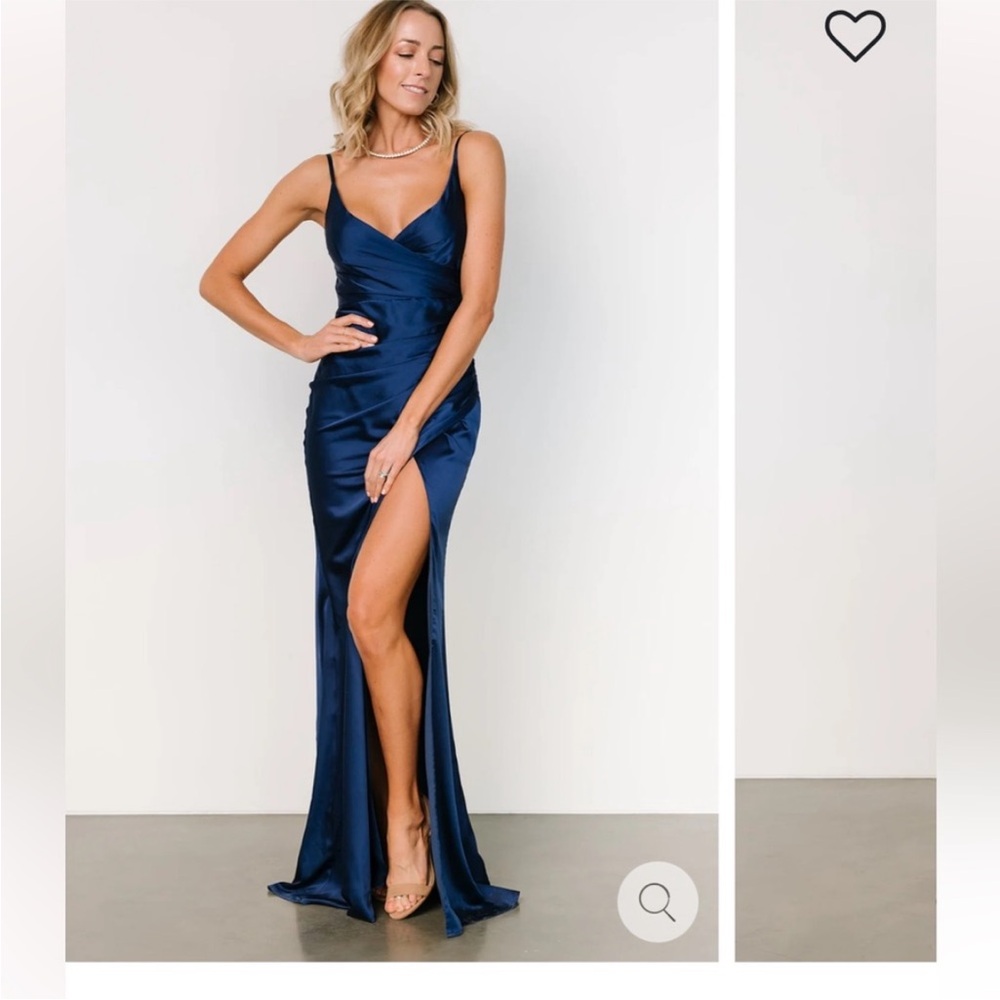 Baltic Born Navy Blue Satin High-Slit Evening Gown